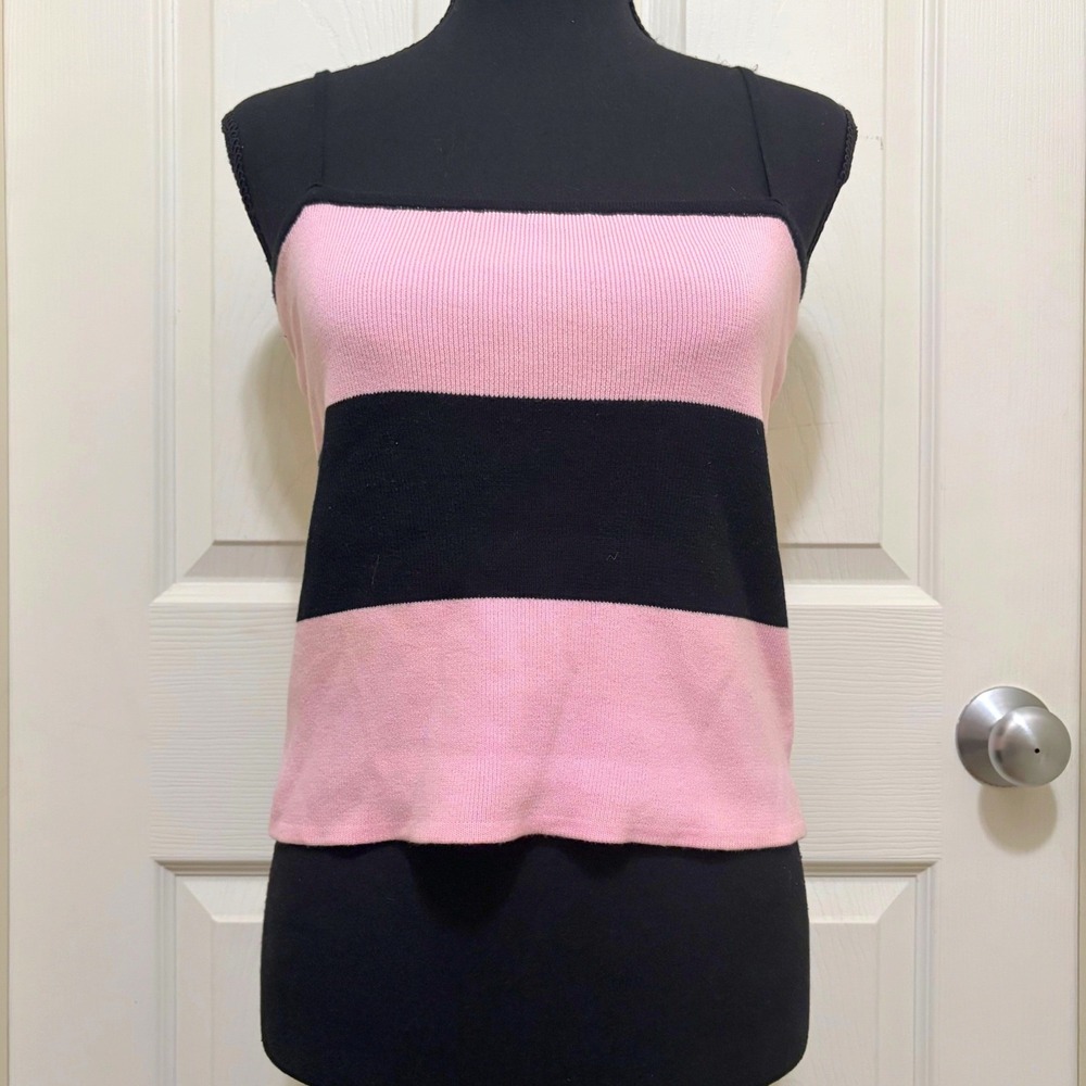 Vintage Y2K Bebe Moda Striped Tank Top Pink Black L USA‎ Made Cotton Club Barbie